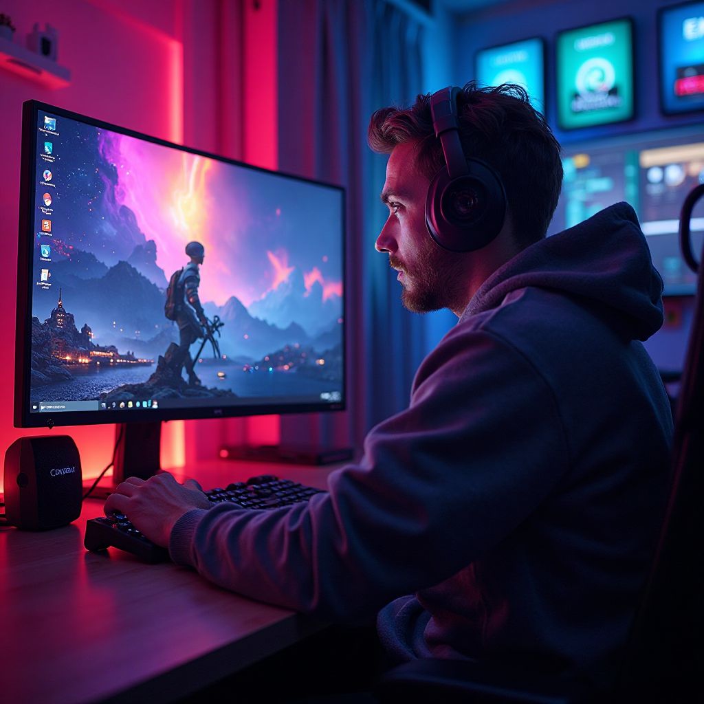 Gamer playing on high-end PC setup